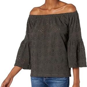 New LUCKY BRAND Womens Dark Gray Eyelet Blouse Top Size L NWT MSRP $69.50 Spring